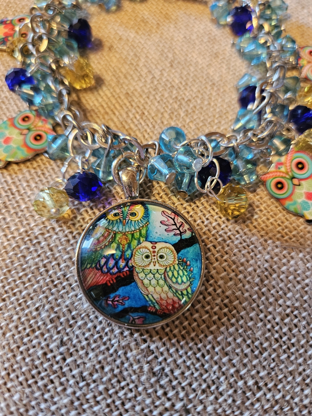 Owl Cha Cha Charm Bracelet - Blue & Yellow Beaded Women's Bracelet - Picture 2 of 5